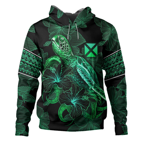 Wallis And Futuna Hoodie  Sea Turtle With Blooming Hibiscus Flowers Tribal Green