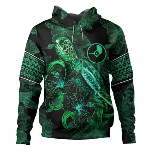 Yap State Hoodie  Sea Turtle With Blooming Hibiscus Flowers Tribal Green