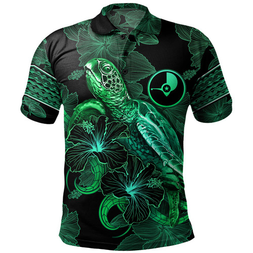 Yap State Polo Shirt  Sea Turtle With Blooming Hibiscus Flowers Tribal Green
