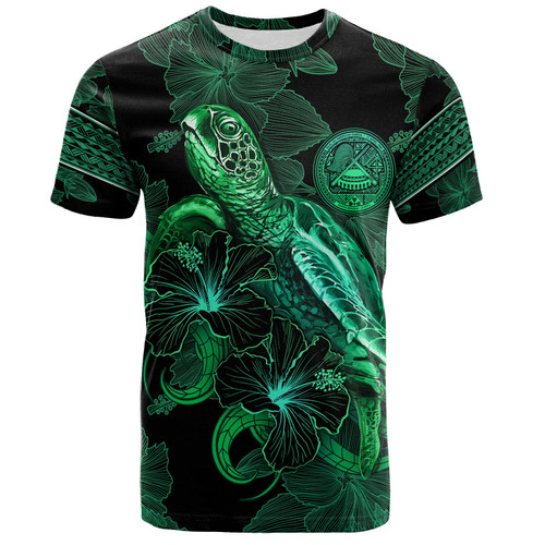 American Samoa T-Shirt  Sea Turtle With Blooming Hibiscus Flowers Tribal Green