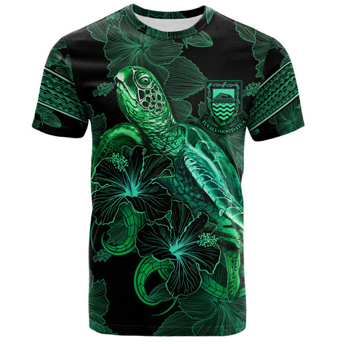 Tuvalu T-Shirt  Sea Turtle With Blooming Hibiscus Flowers Tribal Green
