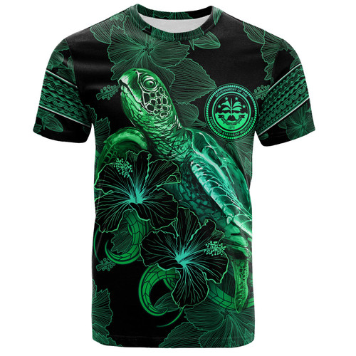 Federated States Of Micronesia T-Shirt  Sea Turtle With Blooming Hibiscus Flowers Tribal Green