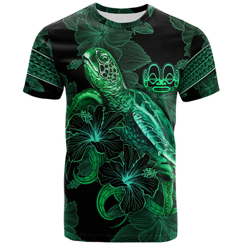 Marquesas Islands T-Shirt  Sea Turtle With Blooming Hibiscus Flowers Tribal Green