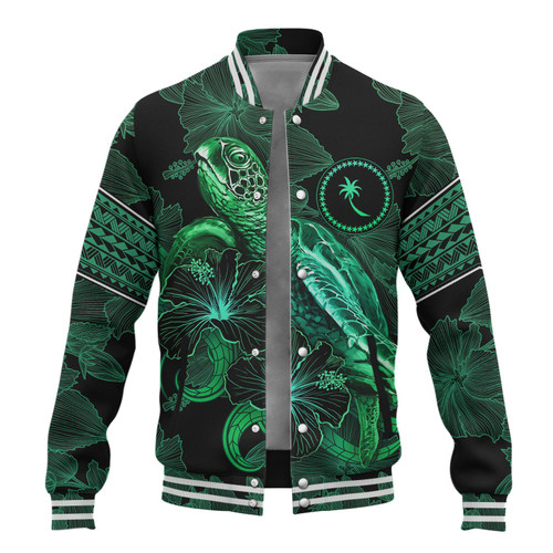 Chuuk State Baseball Jacket  Sea Turtle With Blooming Hibiscus Flowers Tribal Green