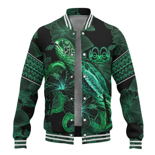 Marquesas Islands Baseball Jacket  Sea Turtle With Blooming Hibiscus Flowers Tribal Green