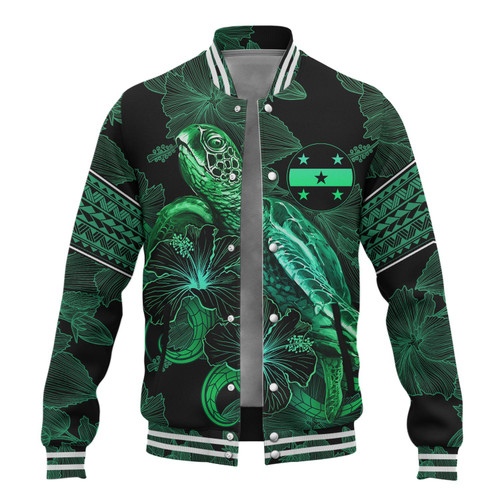 Gambier Islands Baseball Jacket  Sea Turtle With Blooming Hibiscus Flowers Tribal Green