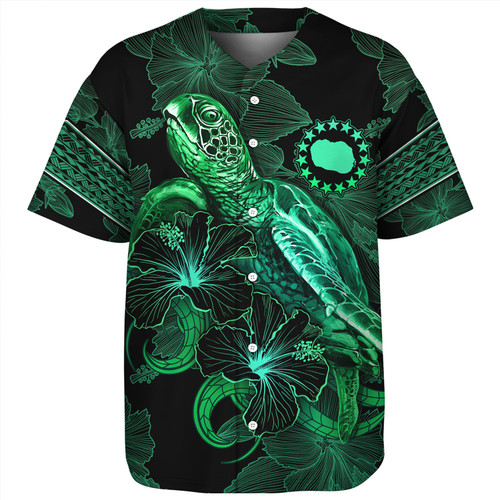 Cook Islands Baseball Shirt  Sea Turtle With Blooming Hibiscus Flowers Tribal Green