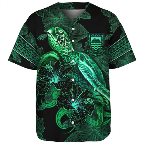 Tuvalu Baseball Shirt  Sea Turtle With Blooming Hibiscus Flowers Tribal Green