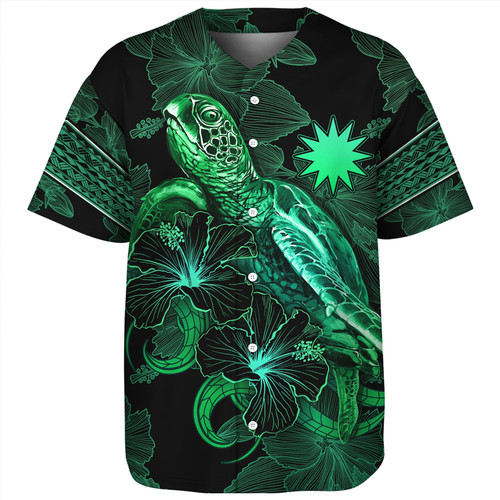 Nauru Baseball Shirt  Sea Turtle With Blooming Hibiscus Flowers Tribal Green