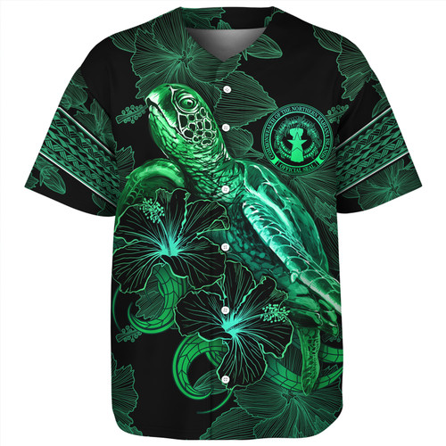 Northern Mariana Islands Baseball Shirt  Sea Turtle With Blooming Hibiscus Flowers Tribal Green