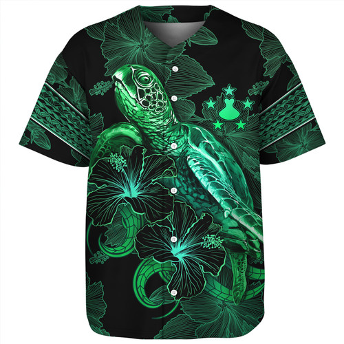 Austral Islands Baseball Shirt  Sea Turtle With Blooming Hibiscus Flowers Tribal Green