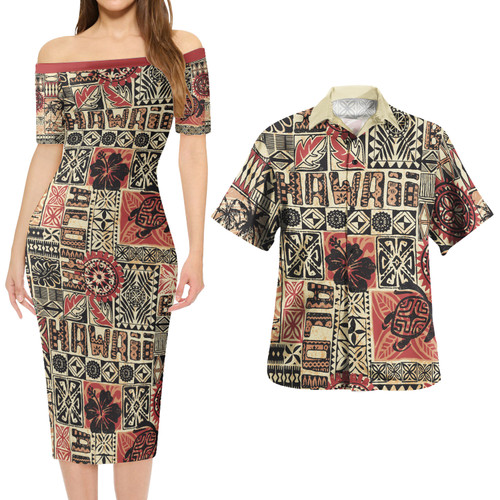 Hawaii Combo Short Sleeve Dress And Shirt Hawaiian Style Tribal Fabric Patchwork
