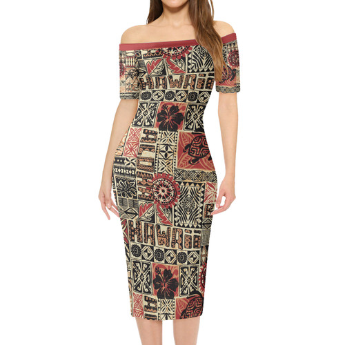Hawaii Short Sleeve Off The Shoulder Lady Dress - Hawaiian Style Tribal Fabric Patchwork