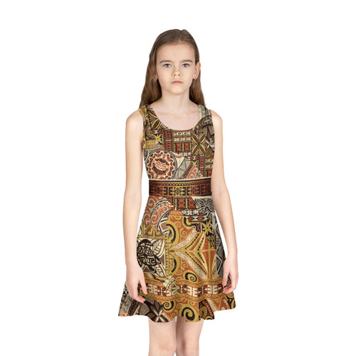 Hawaii Girls Sleeveless Sundress Hawaiian Tapa Pattern Vintage Style
