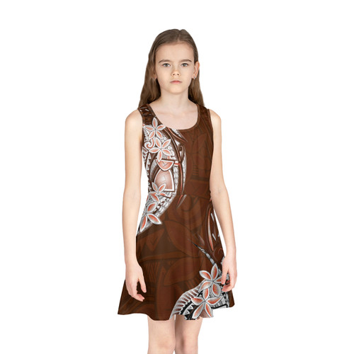 Guam Girls Sleeveless Sundress Latte Stone Plumeria Flowers