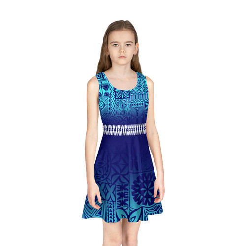 Fiji Tapa Patterns Blue Color Girls Sleeveless Sundress