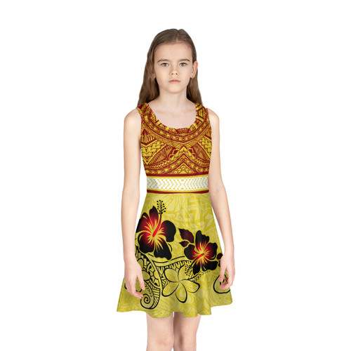 Hawaii Polynesian Tribal Patterns Hibiscus Flowers Yellow Color Girls Sleeveless Sundress