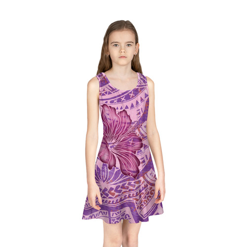 Hawaii Girls Sleeveless Sundress Purple Hibiscus With Polynesian Pattern