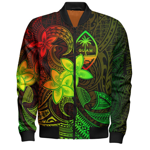 Guam Bomber Jacket Plumeria Flowers Vintage Style Reggae Colors