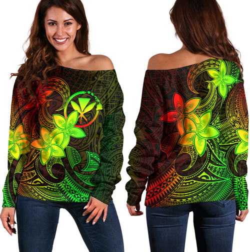 Hawaii Kanaka Maoli Off Shoulder Sweatshirt Plumeria Flowers Vintage Style Reggae Colors