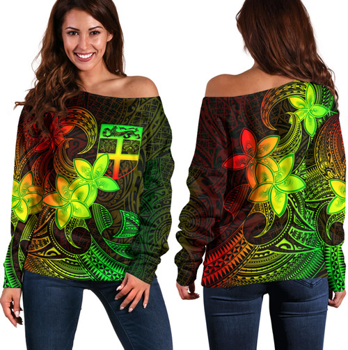Fiji Off Shoulder Sweatshirt Plumeria Flowers Vintage Style Reggae Colors