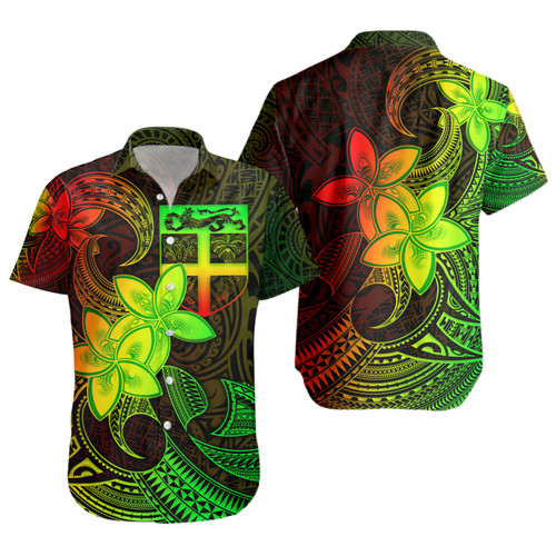 Fiji Short Sleeve Shirt Plumeria Flowers Vintage Style Reggae Colors