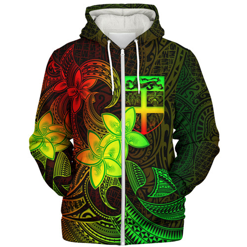 Fiji Sherpa Hoodie Plumeria Flowers Vintage Style Reggae Colors