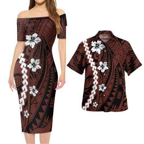 Combo Short Sleeve Dress And Shirt Polynesian Pattern White Hibiscus