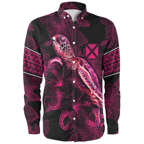 Wallis And Futuna Long Sleeve Shirt Sea Turtle With Blooming Hibiscus Flowers Tribal Maroon