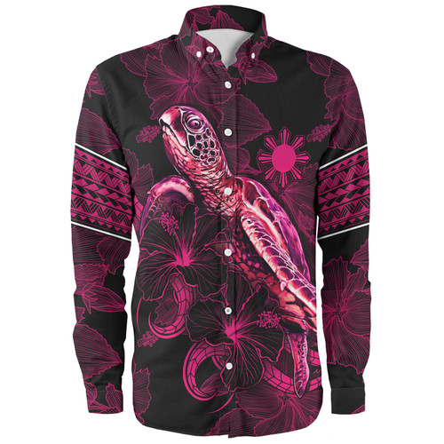 Philippines Filipinos Long Sleeve Shirt Sea Turtle With Blooming Hibiscus Flowers Tribal Maroon