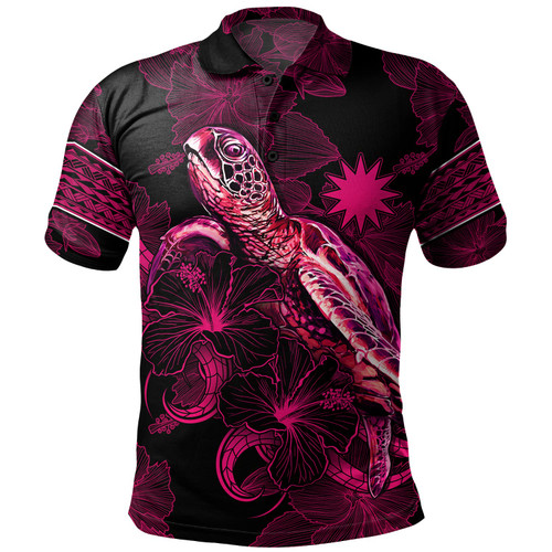 Nauru Polo Shirt Sea Turtle With Blooming Hibiscus Flowers Tribal Maroon