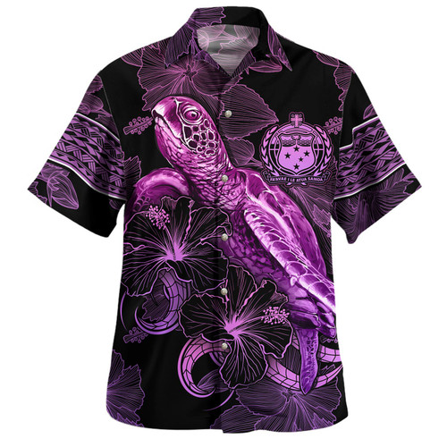 Samoa Hawaiian Shirt Sea Turtle With Blooming Hibiscus Flowers Tribal Purple