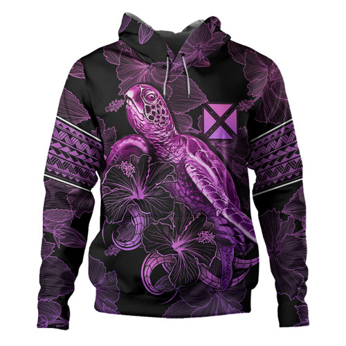 Wallis And Futuna Hoodie Sea Turtle With Blooming Hibiscus Flowers Tribal Purple