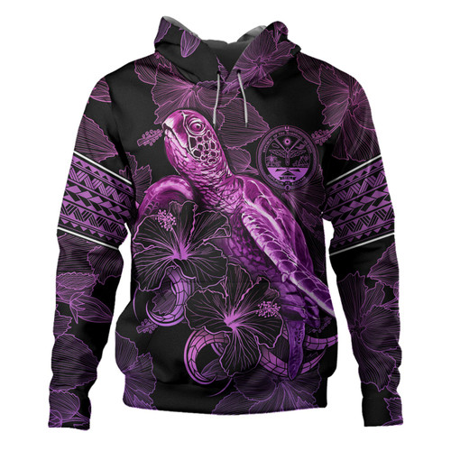 Marshall Islands Hoodie Sea Turtle With Blooming Hibiscus Flowers Tribal Purple