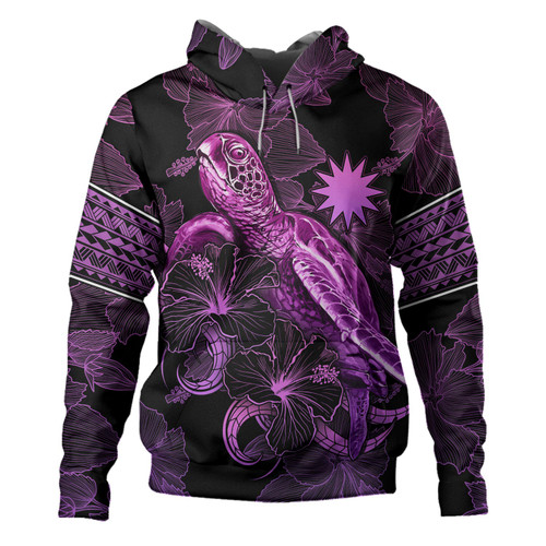 Nauru Hoodie Sea Turtle With Blooming Hibiscus Flowers Tribal Purple