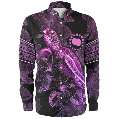 Cook Islands Long Sleeve Shirt Sea Turtle With Blooming Hibiscus Flowers Tribal Purple
