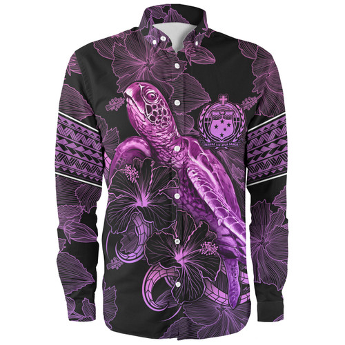 Samoa Long Sleeve Shirt Sea Turtle With Blooming Hibiscus Flowers Tribal Purple