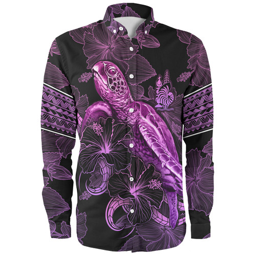 New Caledonia Long Sleeve Shirt Sea Turtle With Blooming Hibiscus Flowers Tribal Purple