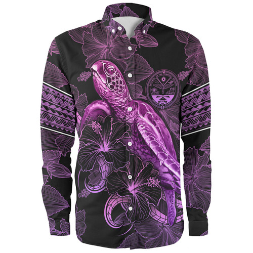 Marshall Islands Long Sleeve Shirt Sea Turtle With Blooming Hibiscus Flowers Tribal Purple