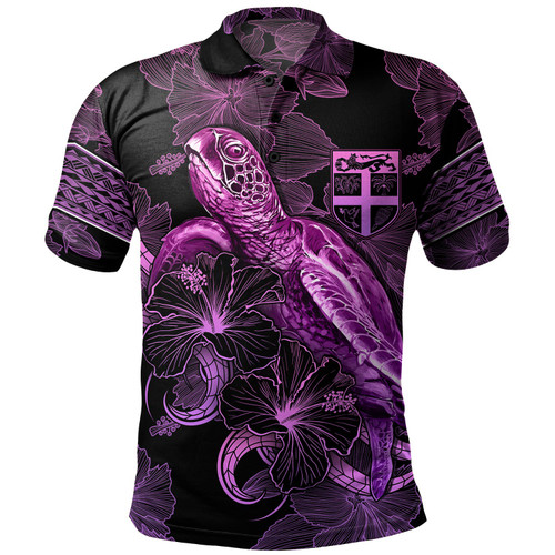 Fiji Polo Shirt Sea Turtle With Blooming Hibiscus Flowers Tribal Purple
