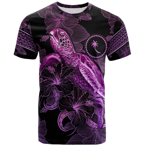 Chuuk State T-Shirt Sea Turtle With Blooming Hibiscus Flowers Tribal Purple