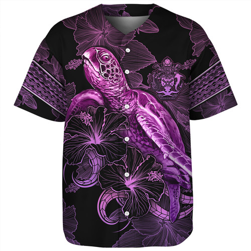 Solomon Islands Baseball Shirt Sea Turtle With Blooming Hibiscus Flowers Tribal Purple