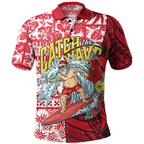 Hawaii Polo Shirt Surfing Santa Polynesian Pattern Vintage Style