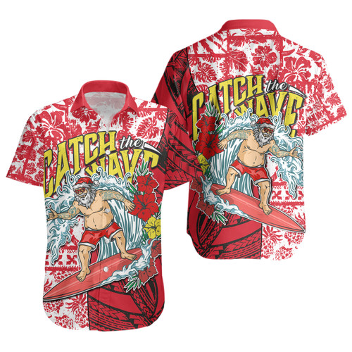 Hawaii Short Sleeve Shirt Surfing Santa Polynesian Pattern Vintage Style