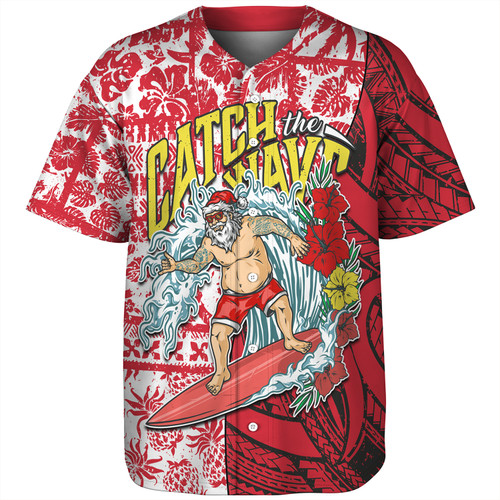 Hawaii Baseball Shirt Surfing Santa Polynesian Pattern Vintage Style