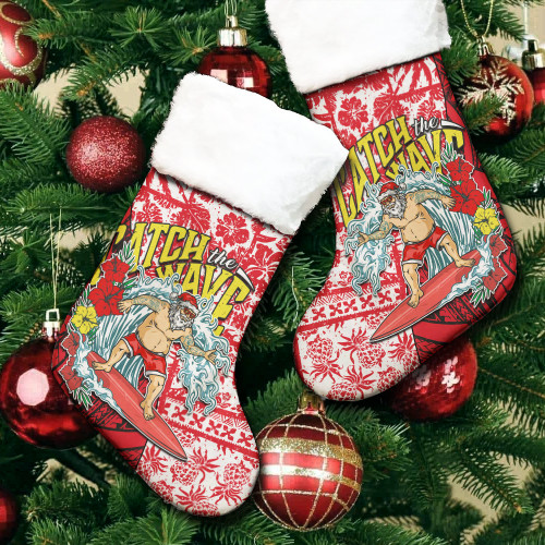 Hawaii Polynesian Christmas Stocking - Surfing Santa Polynesian Pattern Vintage Style