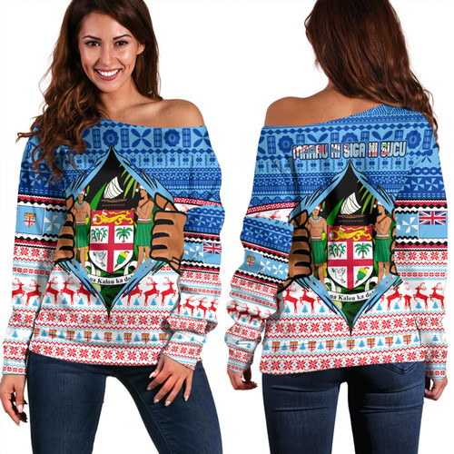 Fiji Off Shoulder Sweatshirt Merry Christmas Born Fijian Masi Knitted Ugly Christmas Pattern