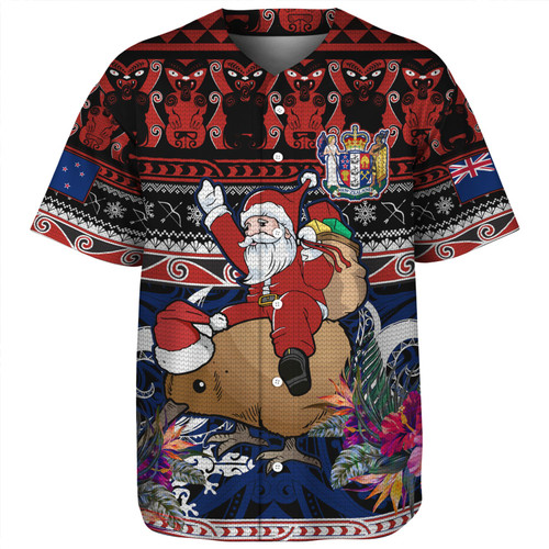 New Zealand Baseball Shirt Santa Riding Kiwi Bird Meri Kirihimete Ugly Christmas Maori Patterns