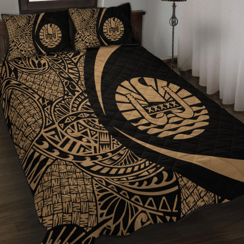 French Polynesia Quilt Bed Set Lauhala Gold Circle Style