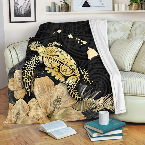 Hawaii Premium Blanket Turtle Hibiscus Gold